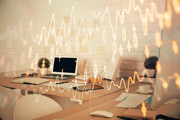 Multi exposure of stock market chart drawing and office interior background. Concept of financial analysis.