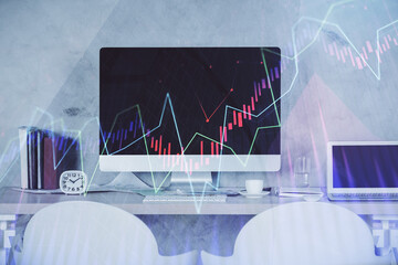 Multi exposure of stock market chart drawing and office interior background. Concept of financial analysis.