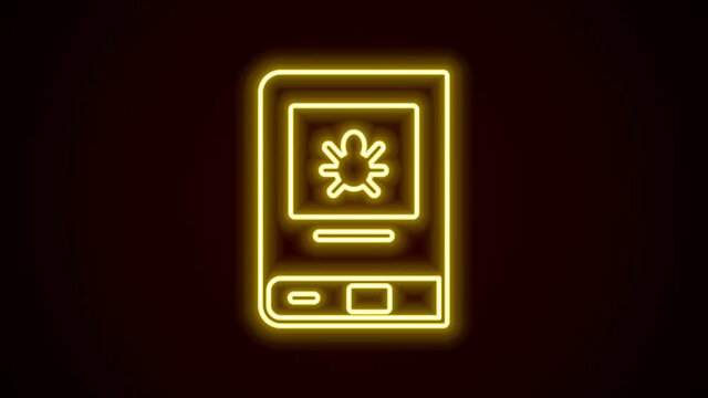 Glowing neon line Book about insect icon isolated on black background. 4K Video motion graphic animation
