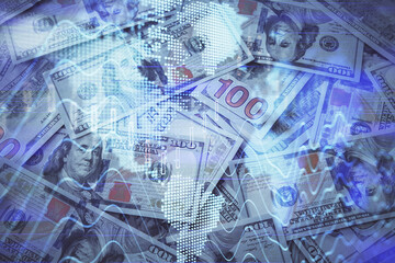 Double exposure of forex graph drawing over us dollars bill background. Concept of financial markets.