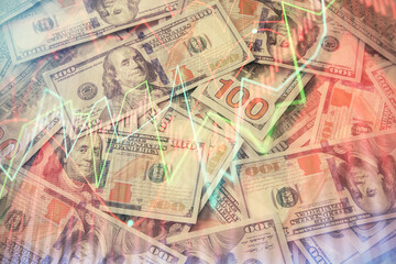 Multi exposure of forex chart drawing over us dollars bill background. Concept of financial success markets.