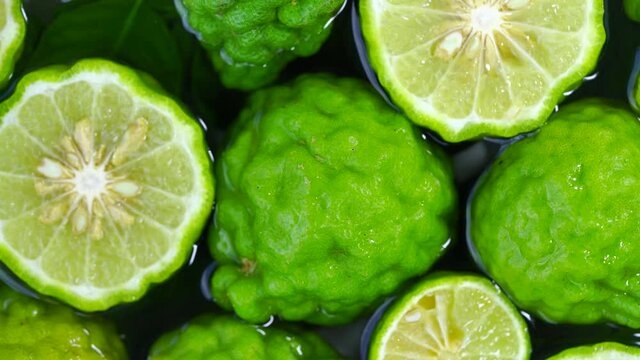 Top view Rotate of Transparent Slice of Bergamot fruit  on white background, Close up fresh Bergamot sliced on white background and slowly rotating.