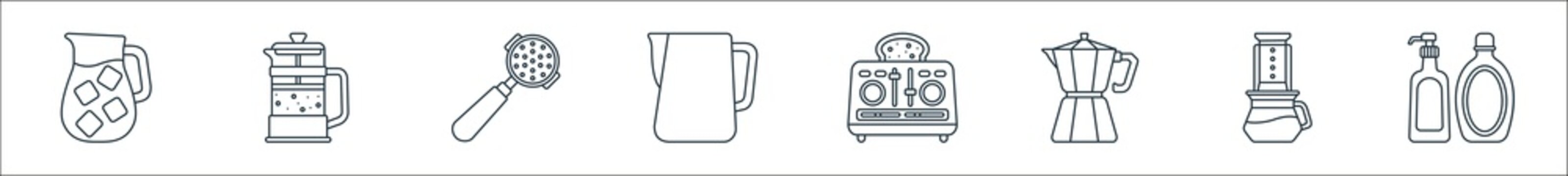 Coffee Shop Line Icons. Linear Set. Quality Vector Line Set Such As Maple Syrup, Aeropress, Moka Pot, Toaster, Pitcher, Portafilter, French Press.