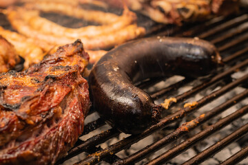 asado típico y tradicional argentino carne de vaca cerdo chinchulin morcilla chorizo costilla sobre parrilla a las brasas córdoba argentina