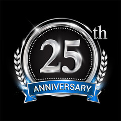 25th anniversary logo with silver ring combination blue ribbon and laurel wreath. birthday vector template for celebration, party, wedding, invitation and greeting card