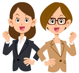 背中合わせでガッツポーズするスーツ姿の女性　上半身
