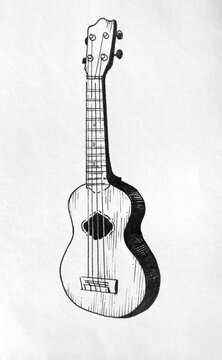 handmade drawing of an ukulele or small guitar with an ink pen on a paper - black and white