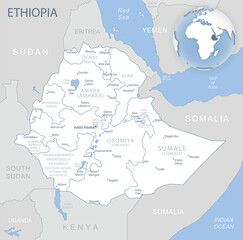 Blue-gray detailed map of Ethiopia administrative divisions and location on the globe. Vector illustration