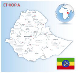 Detailed map of Ethiopia administrative divisions with country flag and location on the globe. Vector illustration