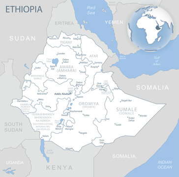 Blue-gray detailed map of Ethiopia administrative divisions and location on the globe. Vector illustration