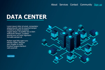 Data center, cloud database, Concept of big data processing center, hosting server or data center room concept.  vector illustration