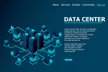 Data center, cloud database, Concept of big data processing center, hosting server or data center room concept.  vector illustration
