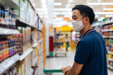 Young adult Asian man wearing a face mask while shopping with cart trolley in grocery supermarket store. He's choosing to buy products in the grocery store during Covid 19 crisis in Thailand