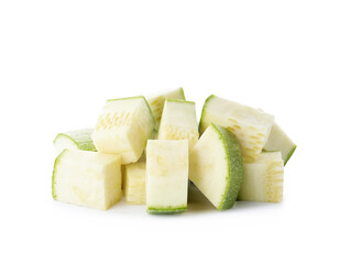 Pieces of ripe zucchini on white background