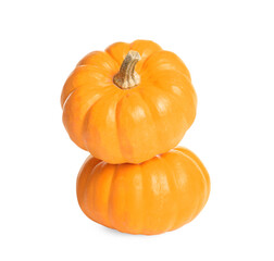 Beautiful ripe orange pumpkins on white background