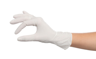 Doctor in medical gloves showing OK gesture on white background, closeup