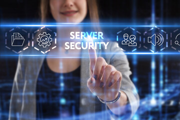 Business, Technology, Internet and network concept. Young businessman working on a virtual screen of the future and sees the inscription: Server security