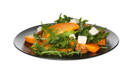 Delicious persimmon salad with feta cheese and arugula isolated on white