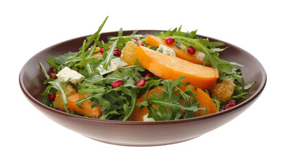 Delicious persimmon salad with blue cheese and pomegranate isolated on white