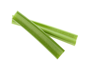 Fresh green celery sticks isolated on white, top view