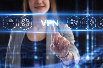 Business, Technology, Internet and network concept. Young businessman working on a virtual screen of the future and sees the inscription: VPN
