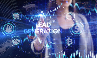 Business, Technology, Internet and network concept. Young businessman working on a virtual screen of the future and sees the inscription: Lead generation