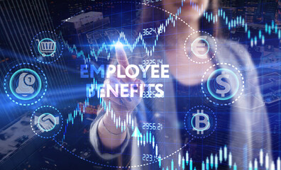 Business, Technology, Internet and network concept. Young businessman working on a virtual screen of the future and sees the inscription: Employee benefits