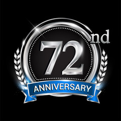 72nd anniversary logo with silver ring combination blue ribbon and laurel wreath. birthday vector template for celebration, party, wedding, invitation and greeting card