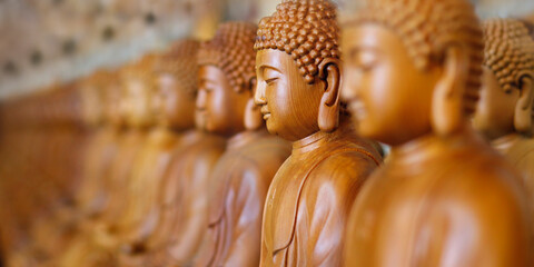 close up of wooden statue of buddha, in buddhist temple 
