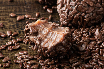 Naklejka premium Brigadeiro.Traditional brazilian sweet chocolate. Granulated chocolate.