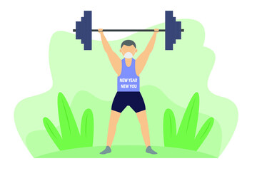 New year vector concept: Young man lifting dumbbell while wearing protection mask with new year new you text