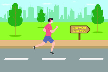 Fototapeta na wymiar New year vector concept: Young man jogging with new year new you text on the signboard while listening the music