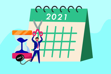 Debt Free vector concept: Businessman in face mask holding scissors to cut a burden with Debt text. Hourglass and calendar 2021 background