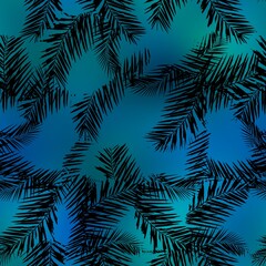 Naklejka na ściany i meble Seamless Miami night tropical pattern black foliage on sunset blur. High quality illustration. Swim, sports, or resort wear repeat print. Dark foreground on blurred background. Dark vibrant colors.