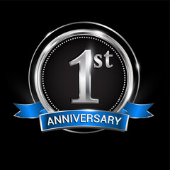 Celebrating 1st anniversary logo. with silver ring and blue ribbon.