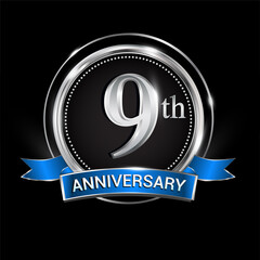 Celebrating 9th anniversary logo. with silver ring and blue ribbon.