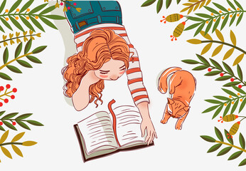 Young girl with cat in the garden. Girl  reads a book. Nature landscape background. Summer holidays illustration. Vacation time