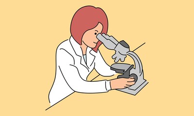 Laboratory assistant looking through microscope, scientists in medical laboratory doing research