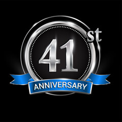 Celebrating 41st anniversary logo. with silver ring and blue ribbon.