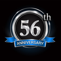 Celebrating 56th anniversary logo. with silver ring and blue ribbon.