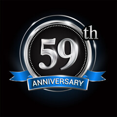 Celebrating 59th anniversary logo. with silver ring and blue ribbon.