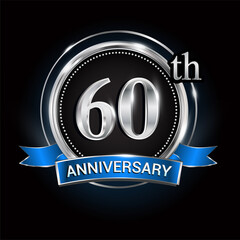 Celebrating 60th anniversary logo. with silver ring and blue ribbon.