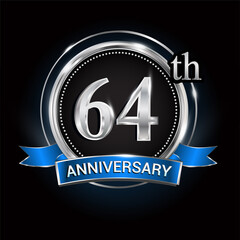 Celebrating 64th anniversary logo. with silver ring and blue ribbon.