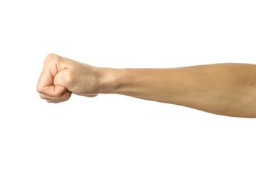 Hand clenched in a fist. Woman hand gesturing isolated on white