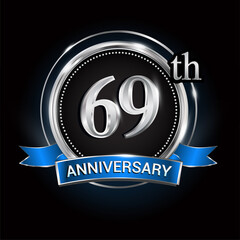 Celebrating 69th anniversary logo. with silver ring and blue ribbon.