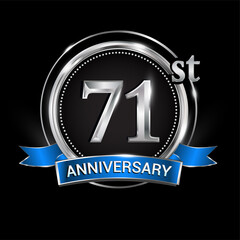 Celebrating 71st anniversary logo. with silver ring and blue ribbon.