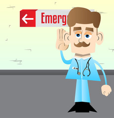 Funny cartoon doctor holds hand at his ear, listening. Vector illustration.