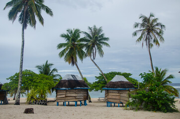 Beach fales surrounded by greenery on the Falealupo beach under a cloudy sky in Samoa © Matej Halouska/Wirestock
