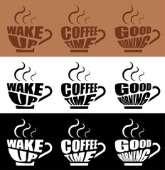 inspirational invigorating lettering in form coffee mug with hot steam. Morning invigorating coffee for good mood. Vector