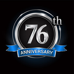 Celebrating 76th anniversary logo. with silver ring and blue ribbon.
